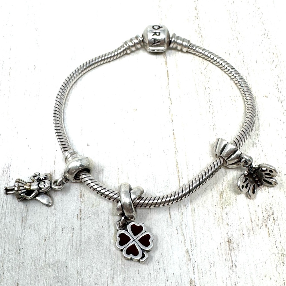 PANDORA 3 charm “whimsical” themed sterling silver bracelet